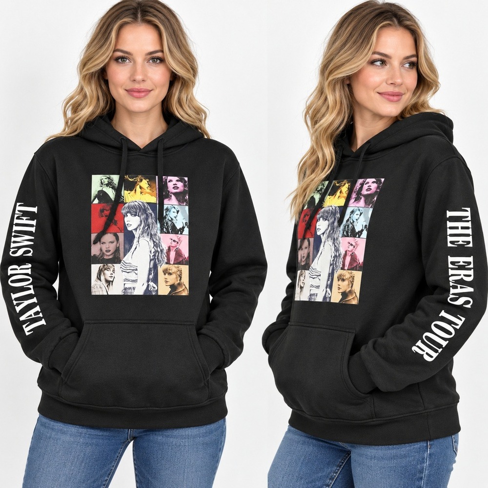 Taylor Swift The Eras Tour Hoodie Black Graphic Pullover Sweatshirt Medium